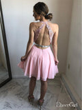 Pink Lace and Chiffon Homecoming Dresses V Neck Open Back Hoco Dress ARD1553-SheerGirl