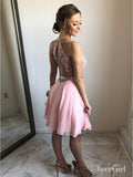 Pink Lace and Chiffon Homecoming Dresses V Neck Open Back Hoco Dress ARD1553-SheerGirl