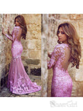 Pink Mermaid See Through Backless Lace Prom Dresses Long Sleeve Formal Dresses APD1626-SheerGirl