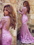 Pink Mermaid See Through Backless Lace Prom Dresses Long Sleeve Formal Dresses APD1626-SheerGirl