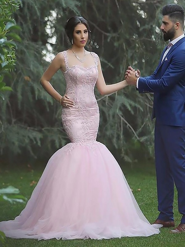 Pink Mermaid Wedding Dresses Vintage Lace Applique Ball Gowns Wedding Dresses AWD1060-SheerGirl