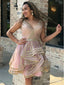 Růžové krátké plesové šaty s pruhovaným potiskem Levné šaty velké velikosti ARD1462 