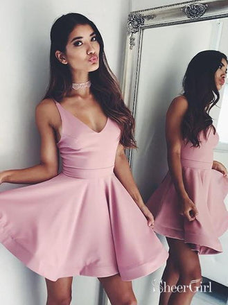 Pink Simple Homecoming Dresses V Neck Cheap Cute Homecoming Dresses ARD1128-SheerGirl