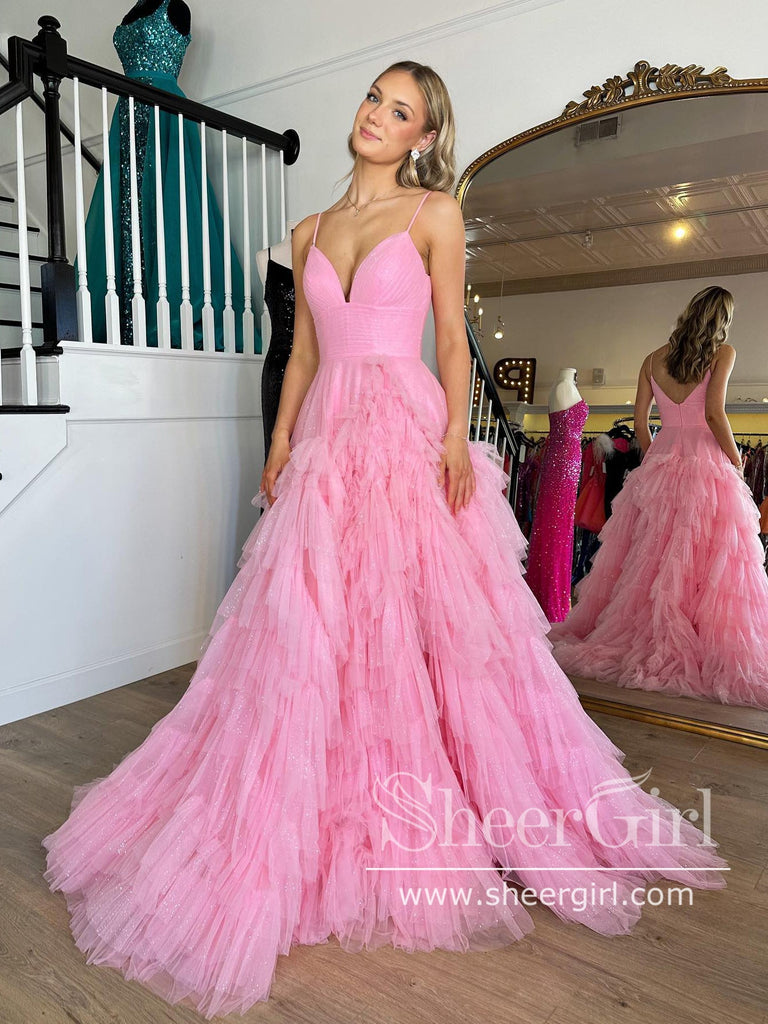 Pink Sparkly Tulle Ball Gown Layered Party Dress Sweetheart Neck Prom Dress ARD2894-SheerGirl