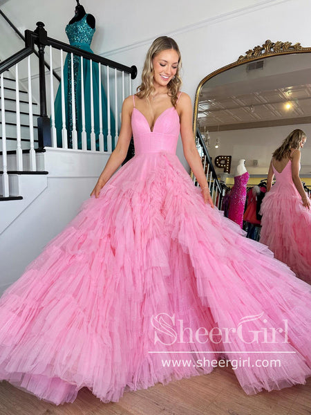 pink tulle party dress Pink v neck lace tulle long prom dress, pink tulle lace evening dress