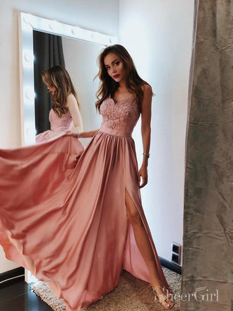 Pink V Neck Long Prom Dresses Lace and Beaded Prom Dress with Slit ARD2054-SheerGirl