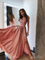 Pink V Neck Long Prom Dresses Lace and Beaded Prom Dress with Slit ARD2054