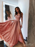 Pink V Neck Long Prom Dresses Lace and Beaded Prom Dress with Slit ARD2054-SheerGirl
