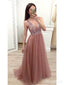 Růžové dlouhé plesové šaty s výstřihem do V Korálkové společenské šaty bez rukávů ARD2090 