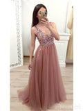 Pink V-neck Long Prom Dresses Beaded Sleeveless Formal Dresses ARD2090-SheerGirl