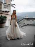 Pleated Ombre Champagne Tulle Bridal dresses Sweet Heart Neckline Minimalist Wedding Dresses AWD1667-SheerGirl