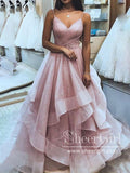 Pleated Tulle Ball Gown Party Dress Spaghetti Straps High-Low Sparkly Long Prom Dress ARD2551-SheerGirl