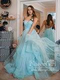Pleated Tulle Ball Gown Party Dress Spaghetti Straps High-Low Sparkly Long Prom Dress ARD2551-SheerGirl