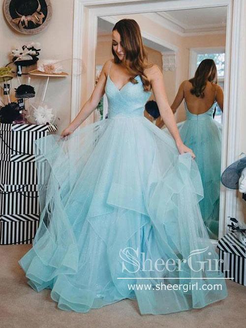 Pleated Tulle Ball Gown Party Dress Spaghetti Straps High-Low Sparkly Long Prom Dress ARD2551-SheerGirl