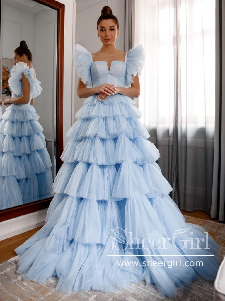 Pleated Tulle Ball Gown Ruffle Tiered Long Prom Dress Floor Length Party Dress ARD2876-SheerGirl
