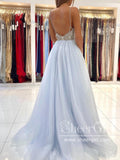 Pleated V Neck Light Blue Tulle Party Dress Rhinestones A Line Prom Dress ARD2863-SheerGirl