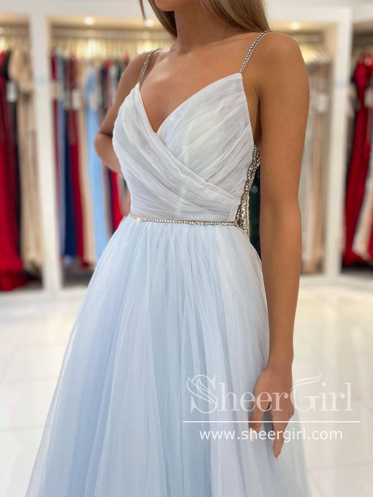 Pleated V Neck Light Blue Tulle Party Dress Rhinestones A Line Prom Dress ARD2863-SheerGirl