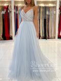 Pleated V Neck Light Blue Tulle Party Dress Rhinestones A Line Prom Dress ARD2863-SheerGirl