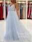 Pleated V Neck Light Blue Tulle Party Dress Rhinestones A Line Prom Dress ARD2863