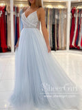 Pleated V Neck Light Blue Tulle Party Dress Rhinestones A Line Prom Dress ARD2863-SheerGirl