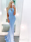 Plunging V Front Opening Sky Blue Prom Dresses with Rhinestones Intercorssed Back Formal Dresses ARD2503