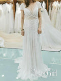 Plunging V-Neck Lace Dress Wedding Gown with Short Sleeves Elegant Bridal dress AWD1635-SheerGirl