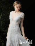 Plunging V-Neck Lace Dress Wedding Gown with Short Sleeves Elegant Bridal dress AWD1635-SheerGirl