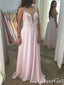 Vestidos de dama de honor de gasa rosa con escote en V pronunciado y corpiño de perlas de colores ARD2509 