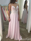 Plunging V Neck Match Colored Pearls Bodice Pink Chiffon Bridesmaid Dresses ARD2509