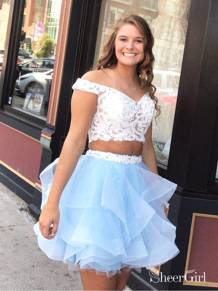 Plus Size 2 Piece Sky Blue Lace & Organza Homecoming Dresses ARD1808