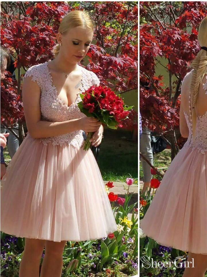 Plus Size Cheap Homecoming Dresses Beaded Lace Pink Short Homecoming  Dresses APD3500 – SheerGirl