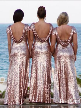 Plus Size Gold Mermaid Bridesmaid Dresses Short Sleeves Mother of the Bride Dress APD1547-SheerGirl
