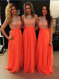 Plus Size Long Cheap Bridesmaid Dresses Orange Chiffon Beaded Formal Dresses APD2867-SheerGirl