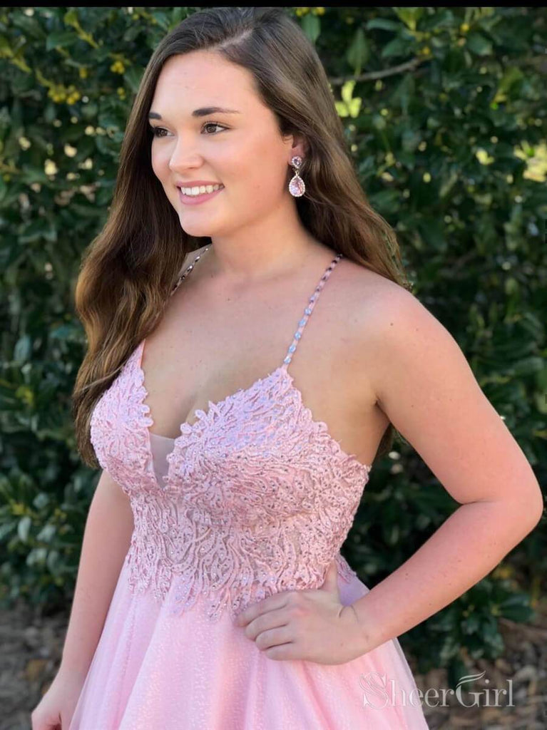 Plus Size Pink Prom Dresses Spaghetti Strap V Neck Ball Gown ARD2057 SheerGirl Plus Size Pink Prom Dresses Spaghetti Strap V Neck Ball Gown ARD2057 SheerGirl
