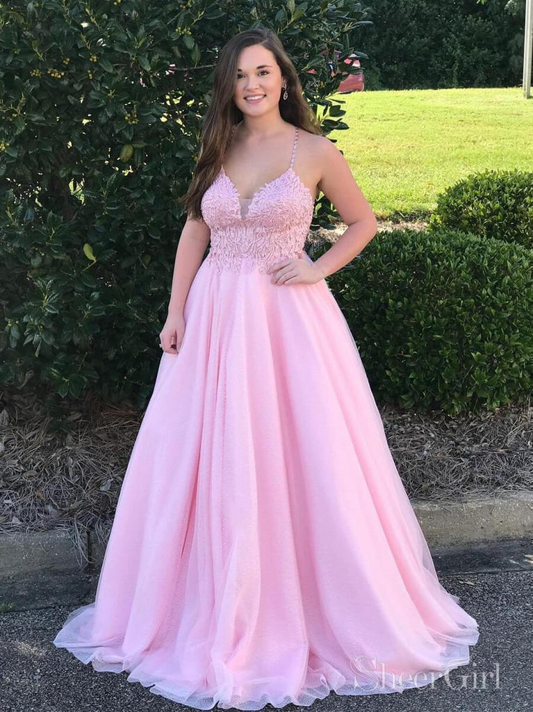 Plus Size Pink Prom Dresses Spaghetti Strap V Neck Ball Gown