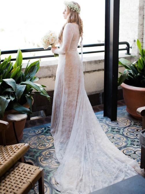 Plus Size Sheath Lace Wedding Dresses Long Sleeve Modest Bridal Dresses with Train AWD1217-SheerGirl
