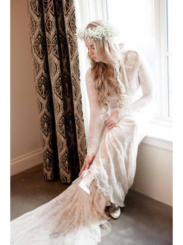 Plus Size Sheath Lace Wedding Dresses Long Sleeve Modest Bridal Dresses with Train AWD1217-SheerGirl
