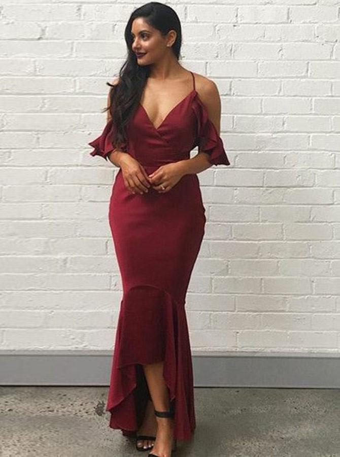 Plus Size Spaghetti Strap High Low Mermaid Burgundy Bridesmaid Dresses ARD1754