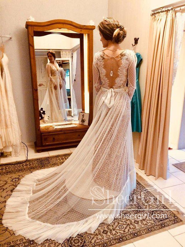 Polka Dot Boho Wedding Dresses Lace Bohemian Wedding Dress with Sleeves  AWD1313