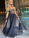 Polka Dots Black Tulle Dress with Corset Bodice Tea Length Prom Dress ARD2673-SheerGirl
