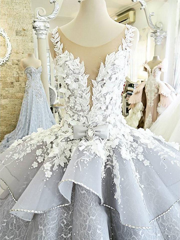 Princess Ball Gown Wedding Dresses Flower Applique Cathedral Train Bridal Dress SWD0020-SheerGirl