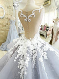 Princess Ball Gown Wedding Dresses Flower Applique Cathedral Train Bridal Dress SWD0020-SheerGirl