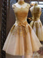 Princezna High Neck Gold Krajka Aplikované šaty Homecoming,Krátké společenské šaty,apd1428 