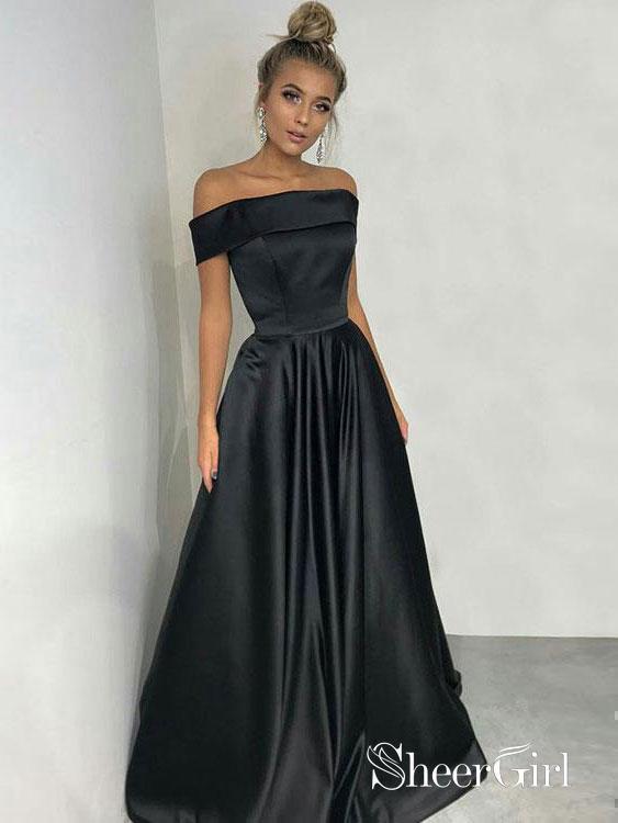 Princess Off the Shoulder Black Satin Long Simple Prom Dresses APD2996 Princess Off the Shoulder Black Satin Long Simple Prom Dresses APD2996