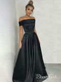 Princess Off the Shoulder Black Satin Long Simple Prom Dresses APD2996-SheerGirl