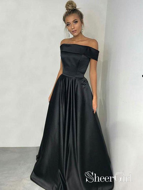 Princess Off the Shoulder Black Satin Long Simple Prom Dresses APD2996-SheerGirl