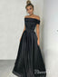 Princezna z ramene černé saténové dlouhé jednoduché plesové šaty APD2996 