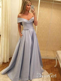 Princess Off the Shoulder Silver Satin Simple Long Prom Dresses APD2998-SheerGirl