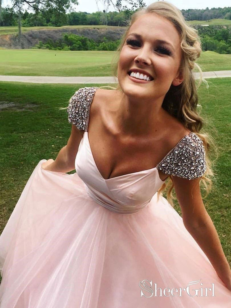 Princess Pink Tulle Prom Dresses Cap Sleeves Prom Dress APD3139 SheerGirl Princess Pink Tulle Prom Dresses Cap Sleeves Prom Dress APD3139 SheerGirl