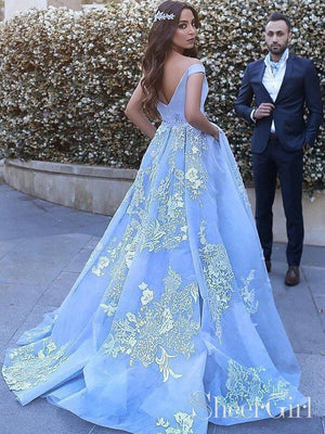 Princess Prom Dresses V-neck Sky Blue Off the Shoulder Quinceanera Dresses APD3008-SheerGirl